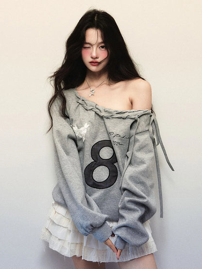 Jmprs Y2K Streetwear Gray Sweatshirts Women Off Shoulder Loose Letter Pullovers Harajuku Retro Female Casual American Tops New