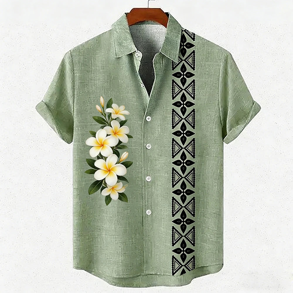 Men's new green linen short-sleeved shirt HD coconut tree pattern 3D printed shirt Hawaiian vacation outdoor social men's wear