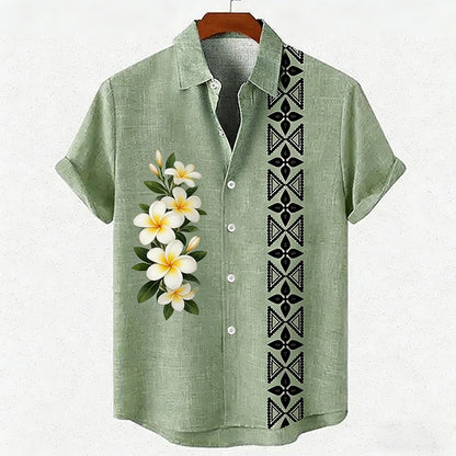 Men's new green linen short-sleeved shirt HD coconut tree pattern 3D printed shirt Hawaiian vacation outdoor social men's wear