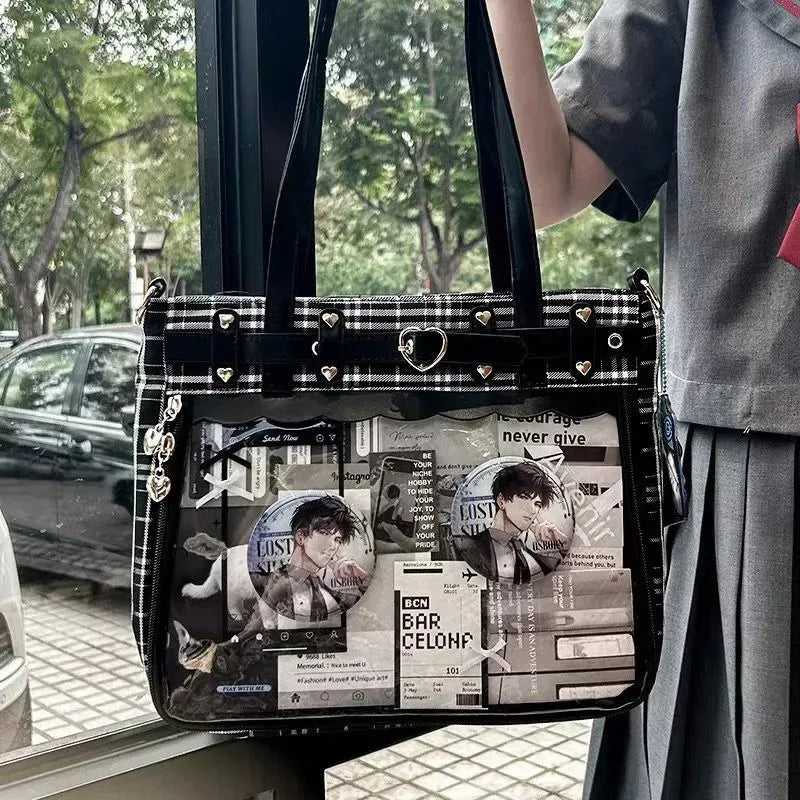 Women Fashion Checkered Pattern Retro Ita Bag Cute Girl Transparent Large Capacity Tote Bag DIY Display Handbag New Shoulder Bag