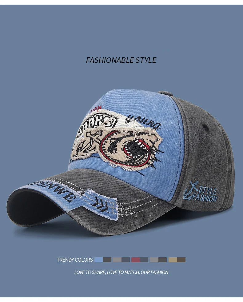 Four Seasons Washed Vintage Distressed Curvy Brimmer Cap Men's Women's Fashion Patch Embroidery Sun Cap Adjustable