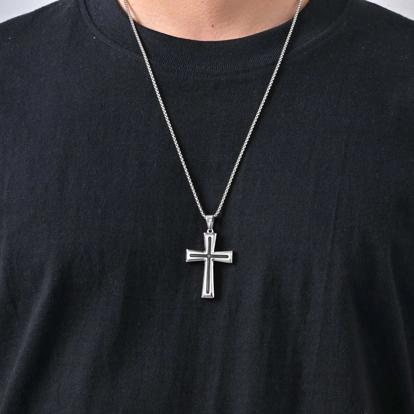 Basic Punk Cross Necklace for Men Boys,Stainless Steel Silver Color Cross Pendant Necklace,Christian Religious Jewelry Gift