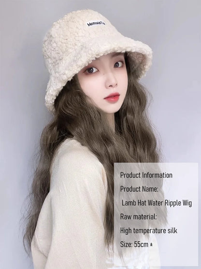 Synthetic 50cm winter cold resistant wig hat with long straight hair and long curly hair black/white hat with lambhair Christmas
