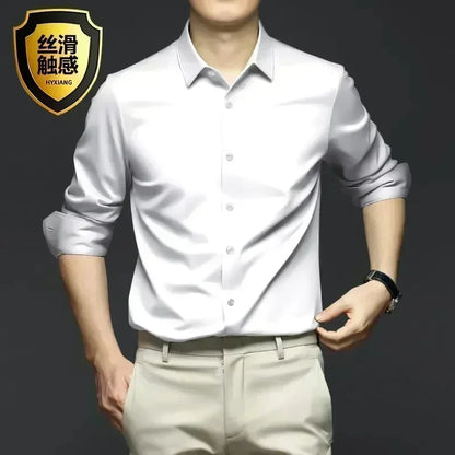 S-6XL Men's Long Sleeve Shirt Luxury Wrinkle Resistant Pure White Shirt Business Dress Casual Ice Silk Glossy Shirt