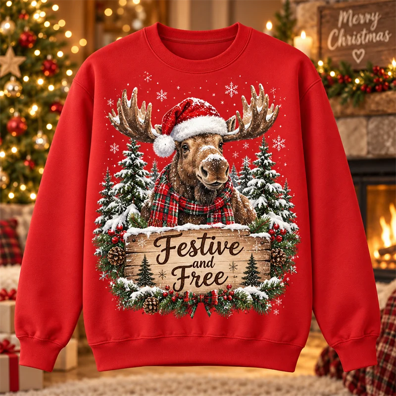 Christmas Crewneck Sweatshirt Santa Snowman Penguin Cat Dog Moose Holiday Graphic Pullover Winter Casual Party Streetwear Top