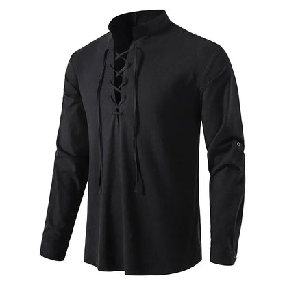 King Billion Men's Shirts Casual Men Cotton Linen Long Sleeve T-shirt Spring Autumn Vintage Shirt US Size Drawstring Neck