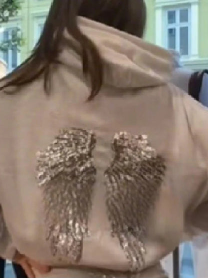 Women's Shinny Sequin Angel Wings Hooded Jacket Pant Long Sleeve Loose Casual Hooded Pullover 2025 New Lady Y2K Autumn Outwears