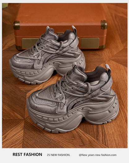 9cm Genuine Leather Chunky Sneakers for Women Fashion Sneakers Walking Shoes Platform Heel Sneakers Women Casual Shoes