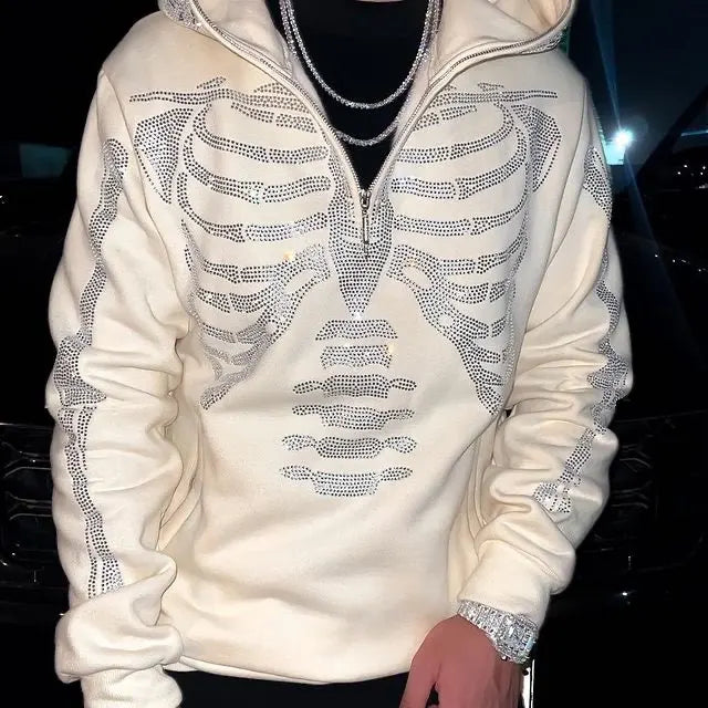 Gothic Long Sleeve Rhinestone Skeleton Hoodie Y2k Jacket Men Hoodies Oversized Full Zip Hoodie Goth Sweatshirt Sport Coat Autumn