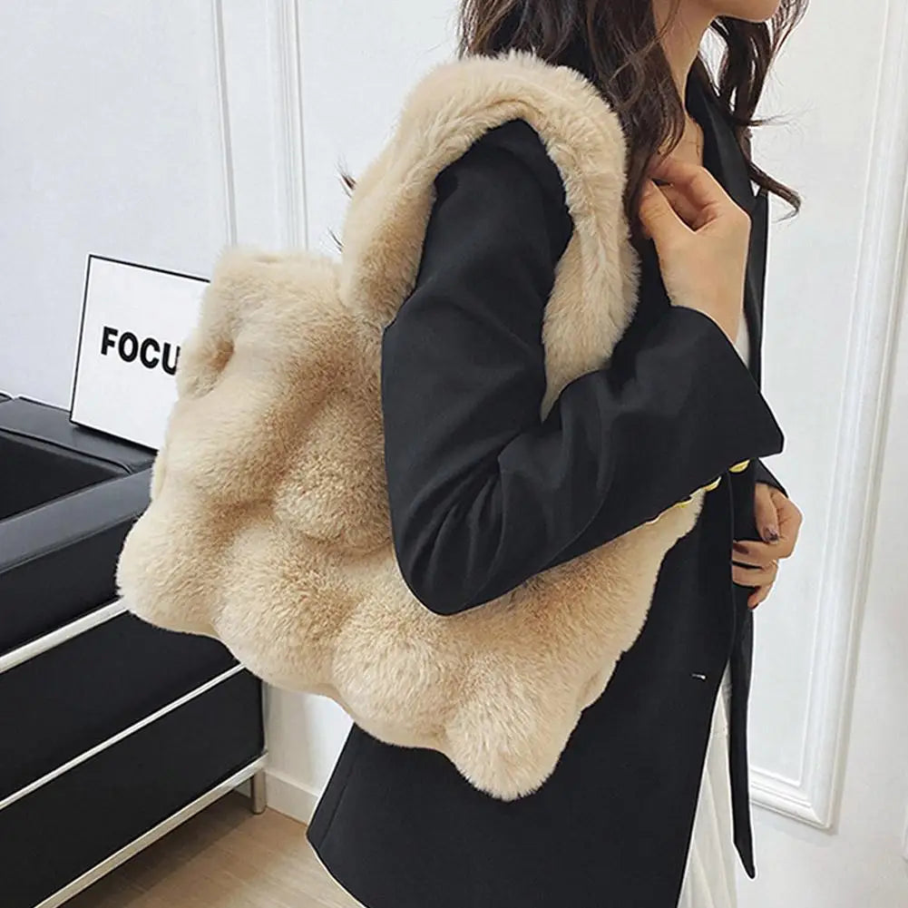 Women Plush Shoulder Bag Fluffy Handbag Large Capacity Casual Commuting Bag Furry Carrying Bag Soft Shopper Bag