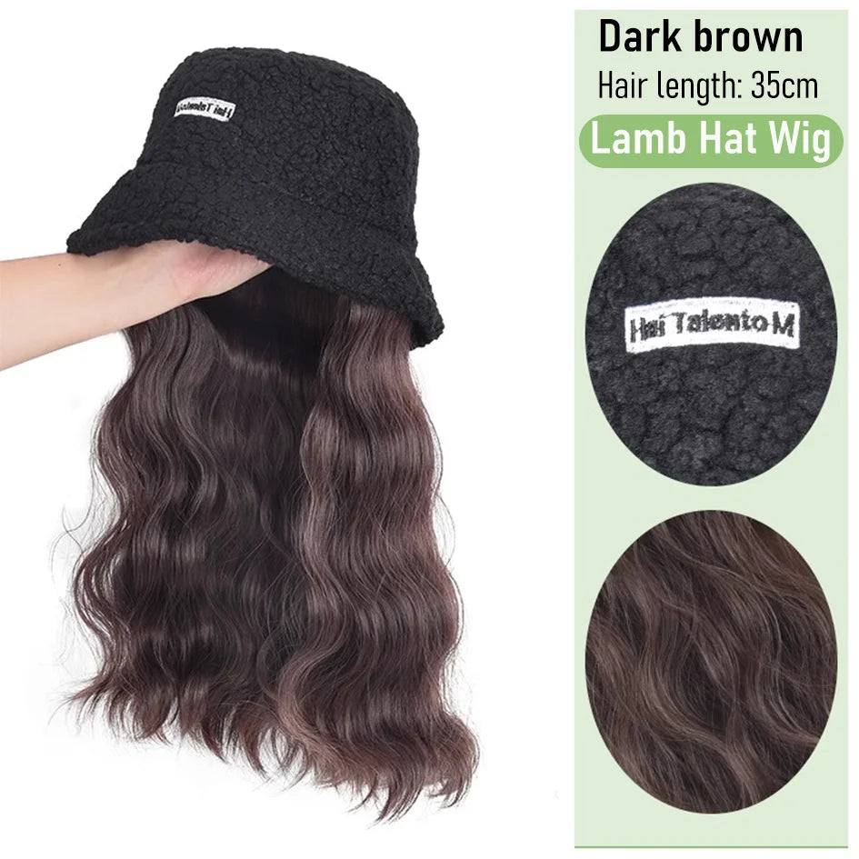Synthetic 50cm winter cold resistant wig hat with long straight hair and long curly hair black/white hat with lambhair Christmas