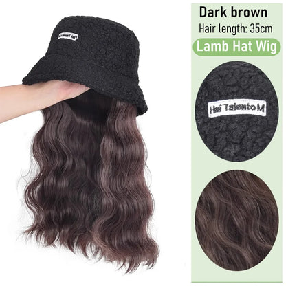 Synthetic 50cm winter cold resistant wig hat with long straight hair and long curly hair black/white hat with lambhair Christmas
