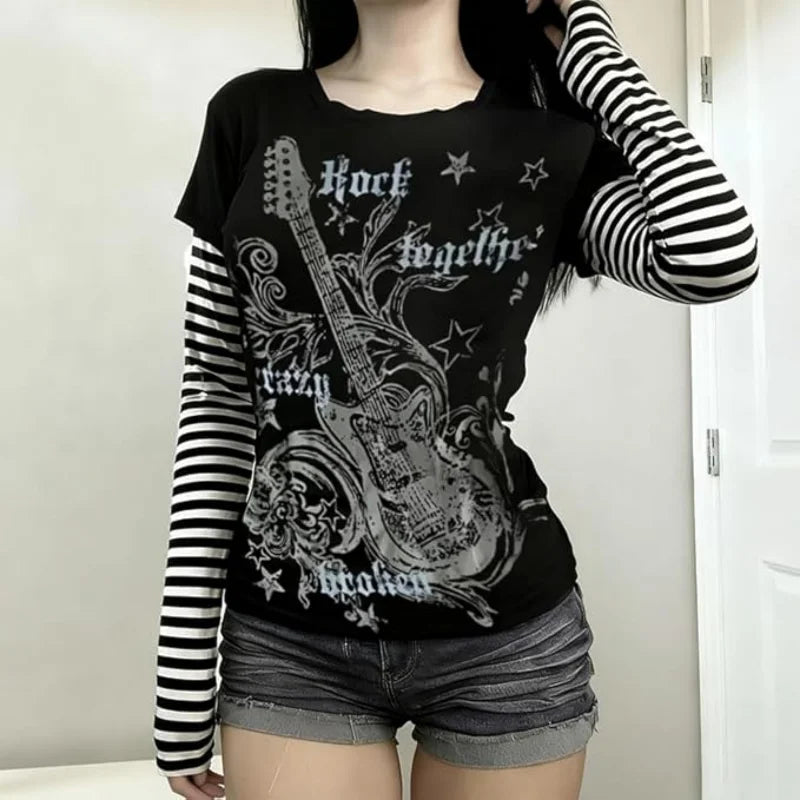 American Subculture Punk Print T-shirt Harajuku Striped Patchwork Tshirts Retro Y2K Gothic Tee Hip-hop Hottie Fake Two-piece Top