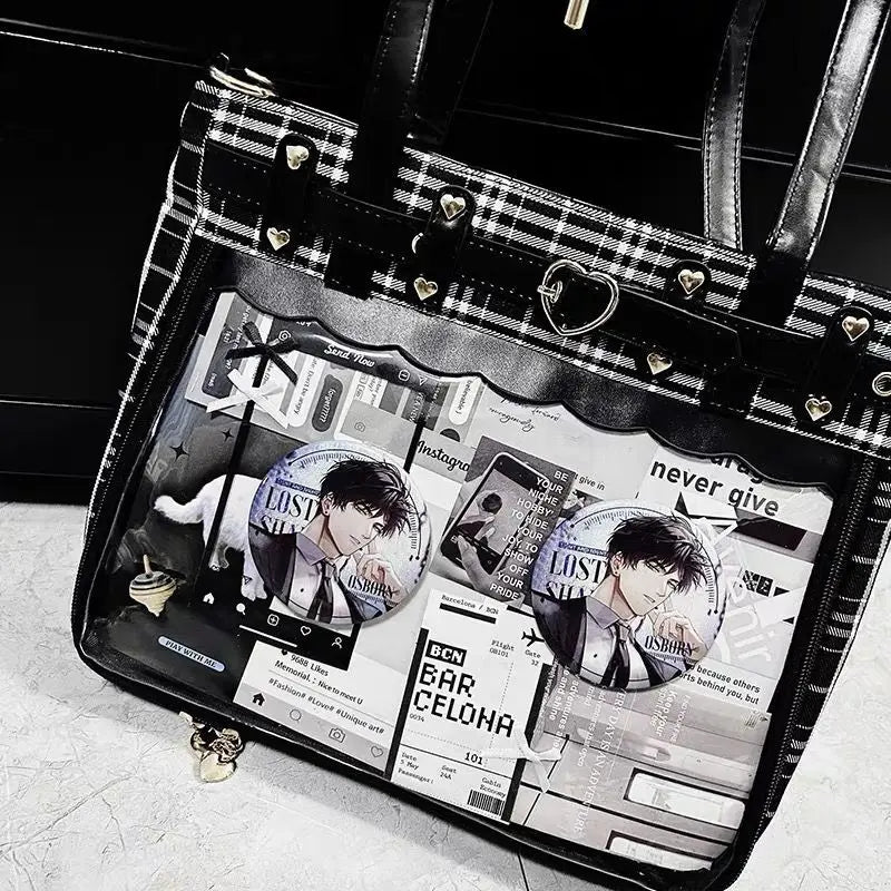 Women Fashion Checkered Pattern Retro Ita Bag Cute Girl Transparent Large Capacity Tote Bag DIY Display Handbag New Shoulder Bag