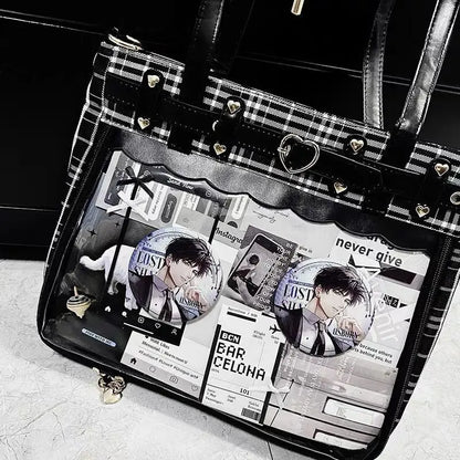 Women Fashion Checkered Pattern Retro Ita Bag Cute Girl Transparent Large Capacity Tote Bag DIY Display Handbag New Shoulder Bag