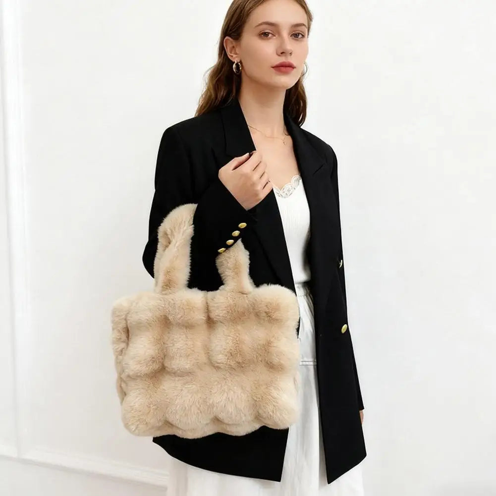 Women Plush Shoulder Bag Fluffy Handbag Large Capacity Casual Commuting Bag Furry Carrying Bag Soft Shopper Bag