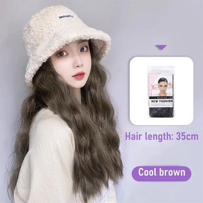 Synthetic 50cm winter cold resistant wig hat with long straight hair and long curly hair black/white hat with lambhair Christmas