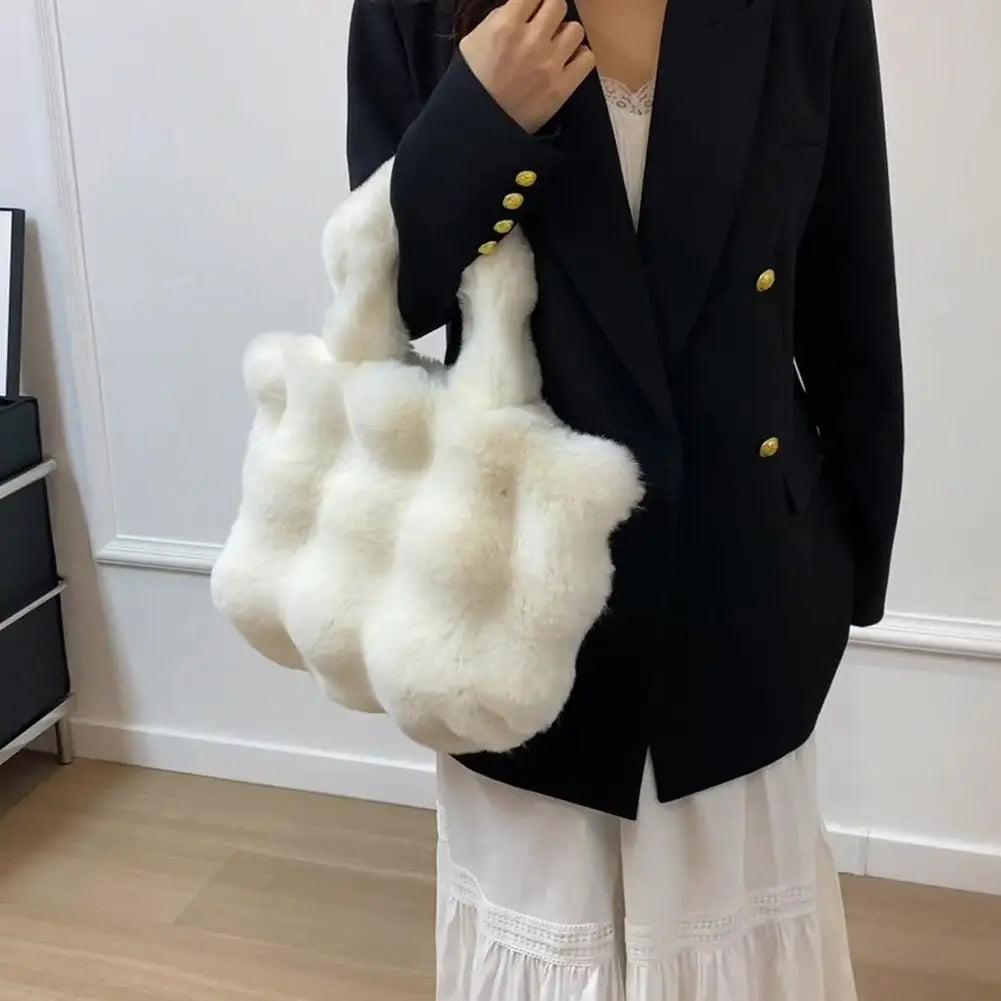 Women Plush Shoulder Bag Fluffy Handbag Large Capacity Casual Commuting Bag Furry Carrying Bag Soft Shopper Bag