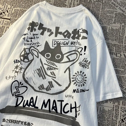 Summer Japanese Retro Pocket Cat Cartoon Printed Short Sleeve T-shirt Male Female Couples Unisex College Style Oversized Top