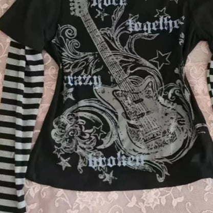 American Subculture Punk Print T-shirt Harajuku Striped Patchwork Tshirts Retro Y2K Gothic Tee Hip-hop Hottie Fake Two-piece Top