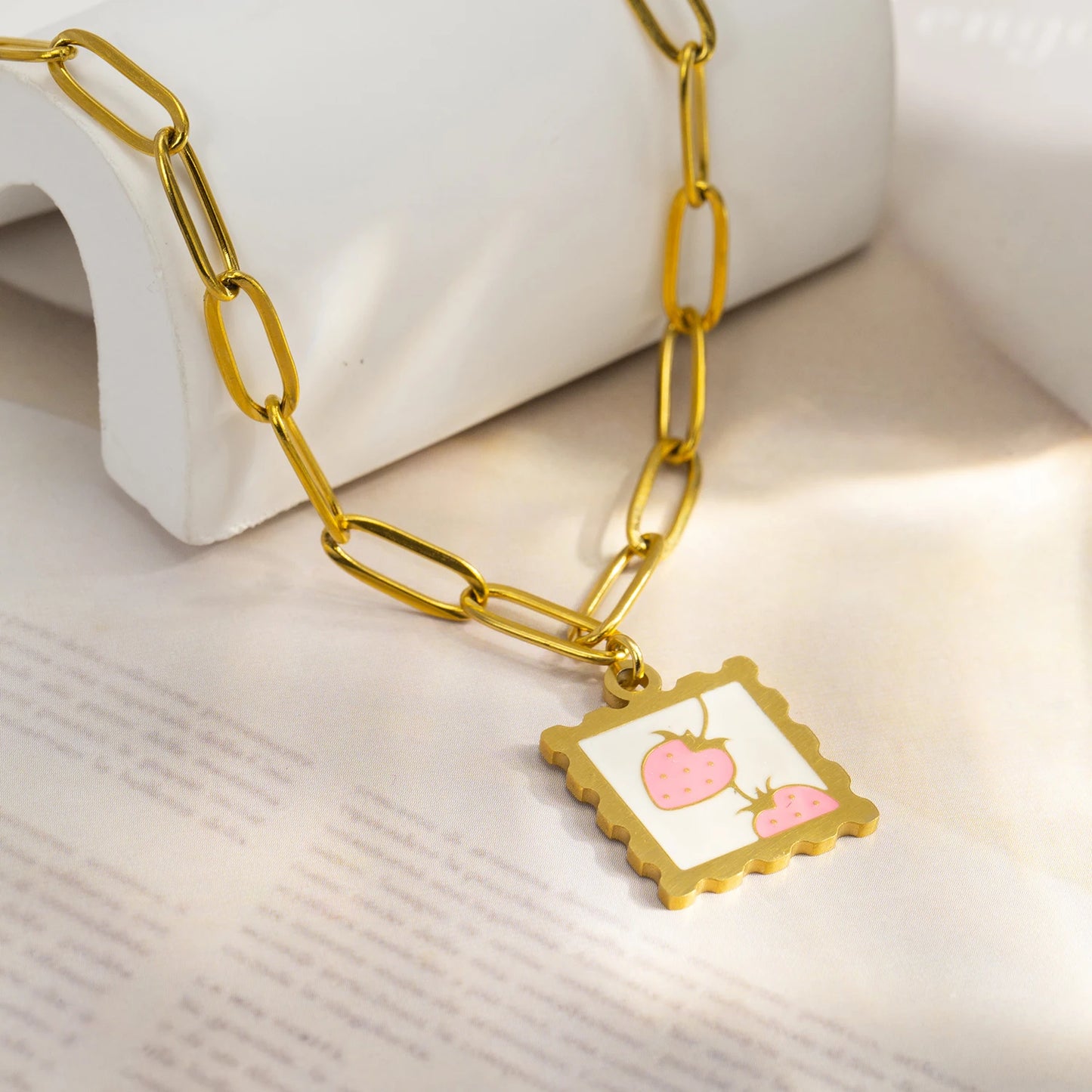 316L Stainless Steel Necklace - Whimsical Cherry Strawberry Charm Pendant, 17mm Square Hypoallergenic Dainty Jewelry for Women