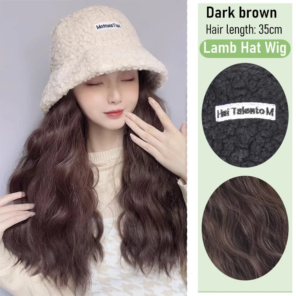 Synthetic 50cm winter cold resistant wig hat with long straight hair and long curly hair black/white hat with lambhair Christmas