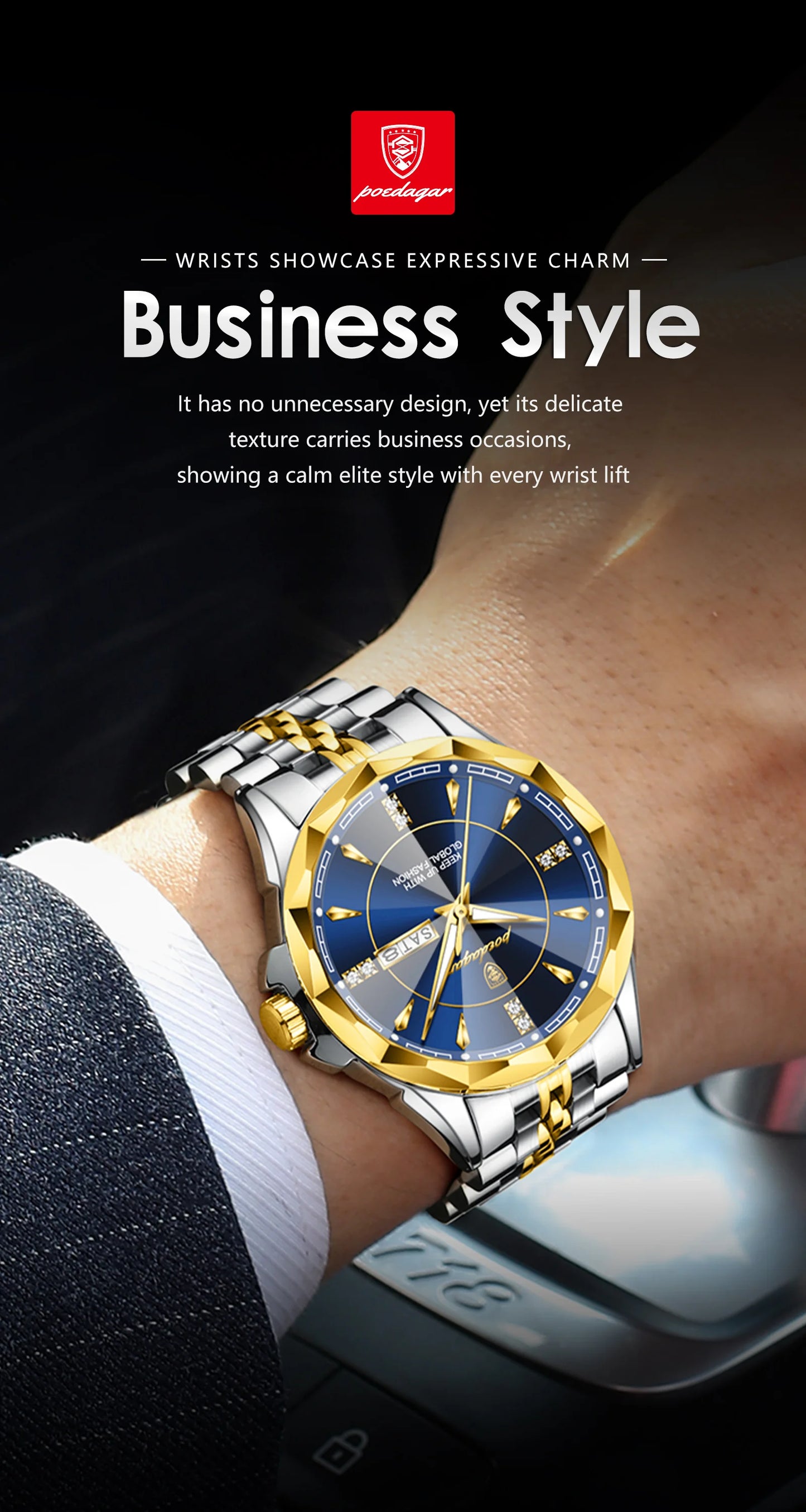 POEDAGAR Luxury Fashion Man Clock Top Business Waterproof Luminous Date Week Men's Watches Quartz Stainless Steel Men Wristwatch