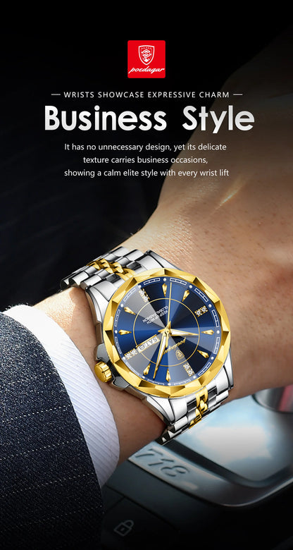 POEDAGAR Luxury Fashion Man Clock Top Business Waterproof Luminous Date Week Men's Watches Quartz Stainless Steel Men Wristwatch