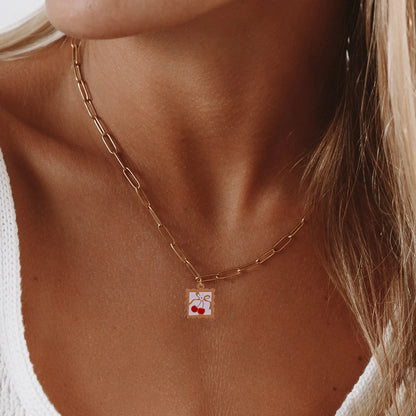 316L Stainless Steel Necklace - Whimsical Cherry Strawberry Charm Pendant, 17mm Square Hypoallergenic Dainty Jewelry for Women