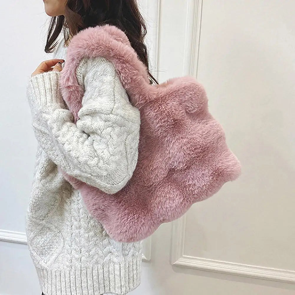Women Plush Shoulder Bag Fluffy Handbag Large Capacity Casual Commuting Bag Furry Carrying Bag Soft Shopper Bag