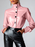 Women High Neck PU Leather Long Sleeve Blouse Single Breasted Solid Color Slim Leather T Shirt High Street Spring Streetwear