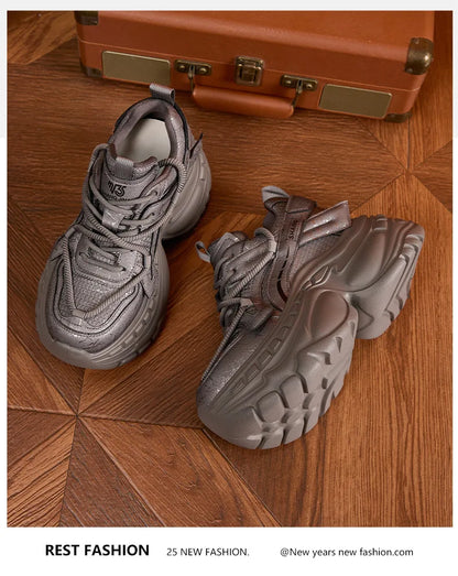9cm Genuine Leather Chunky Sneakers for Women Fashion Sneakers Walking Shoes Platform Heel Sneakers Women Casual Shoes