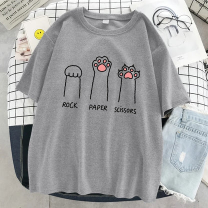 Rock Paper Scissors Funny Cat Print T Shirt Women Summer Soft Oversized Tops Fashion Casual Short Sleeve Street Cotton Tshirt