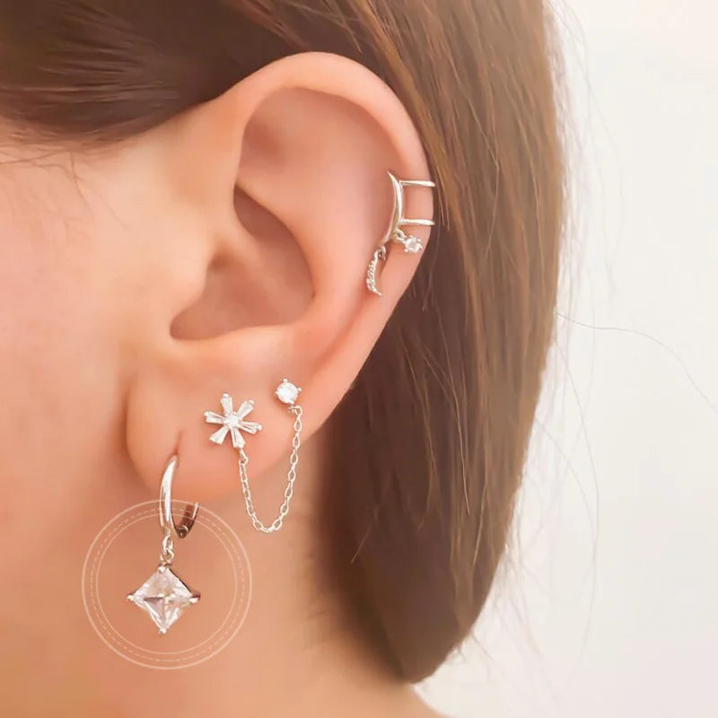 Women Pure Silver Series 925 Sterling Silver Ear Needle Geometric/Butterfly Flowers Pendant hoop Earrings Crystal Zircon Jewelry