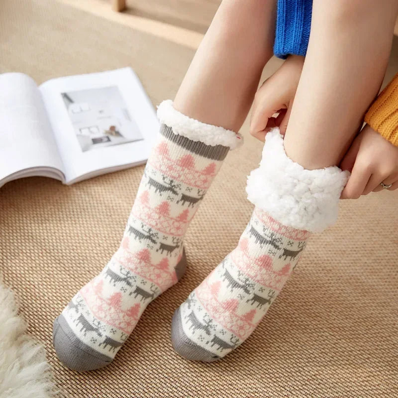 Christmas Gift Thermal Socks Women Winter Warm nightwear Plush Soft Floor Fuzzy Fluffy Fur Slipper Sock Thick Ladies Cute Cow