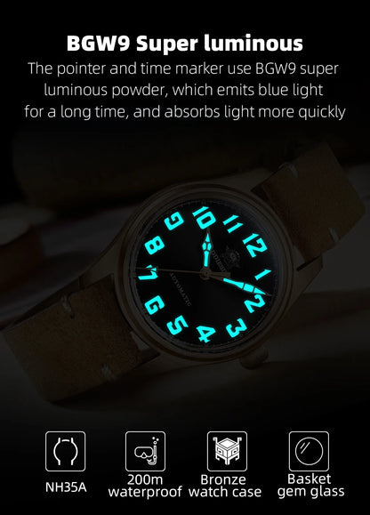 ADDIESDIVE 39mm Vintage CuSn8 Bronze Diver 200m Men's Watch Bubble mirror sapphire glass Automatic Mechanical Leather Strap