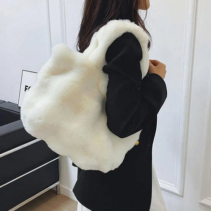 Women Plush Shoulder Bag Fluffy Handbag Large Capacity Casual Commuting Bag Furry Carrying Bag Soft Shopper Bag