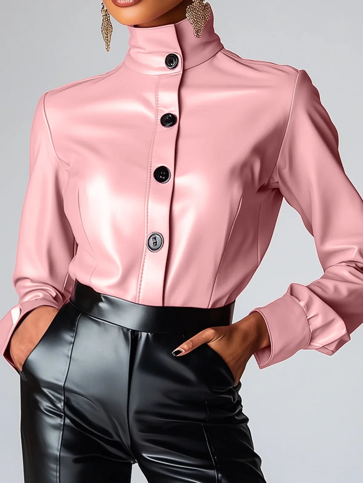 Women High Neck PU Leather Long Sleeve Blouse Single Breasted Solid Color Slim Leather T Shirt High Street Spring Streetwear