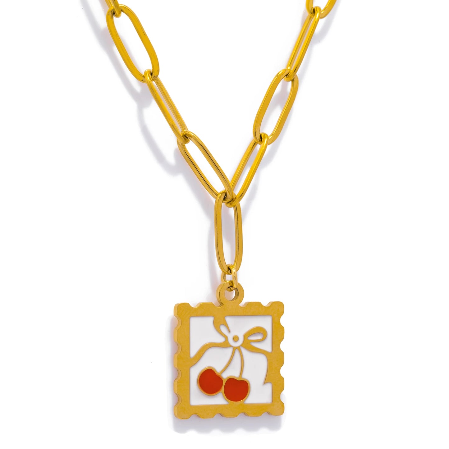 316L Stainless Steel Necklace - Whimsical Cherry Strawberry Charm Pendant, 17mm Square Hypoallergenic Dainty Jewelry for Women