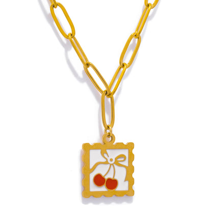 316L Stainless Steel Necklace - Whimsical Cherry Strawberry Charm Pendant, 17mm Square Hypoallergenic Dainty Jewelry for Women