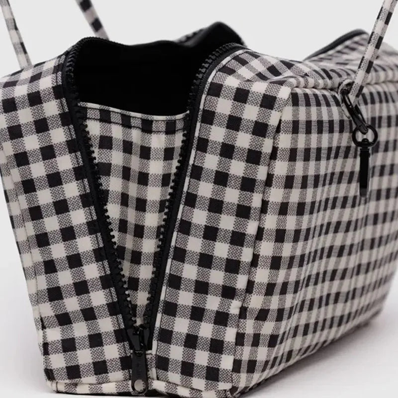 Simple Large-capacity Square Shoulder Bag Fashion Plaid Nylon Handbag Durable Canvas Material Travel Bag Daily Use Storage Bag