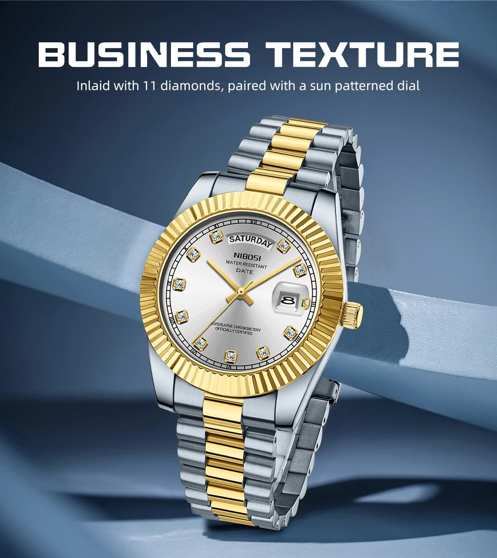NIBOSI Mens Watches Top Brand Luxury Gold Diamonds Classic Watch Men Auto Week Date Watch Waterproof Stainless Steel Wristwatch
