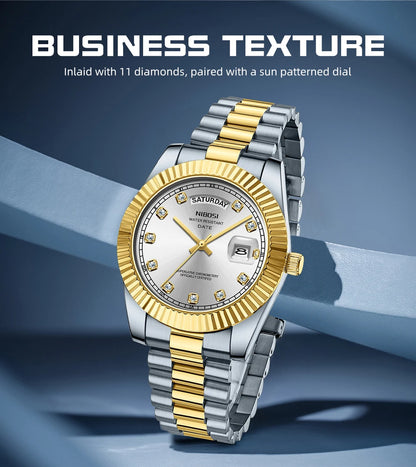 NIBOSI Mens Watches Top Brand Luxury Gold Diamonds Classic Watch Men Auto Week Date Watch Waterproof Stainless Steel Wristwatch
