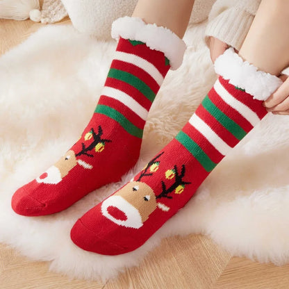 Christmas Fluffy Slipper Socks for Women Cartoon Reindeer Pattern Winter Warm Thick Fleece Lined Non Slip Cosy Long Socks Gift