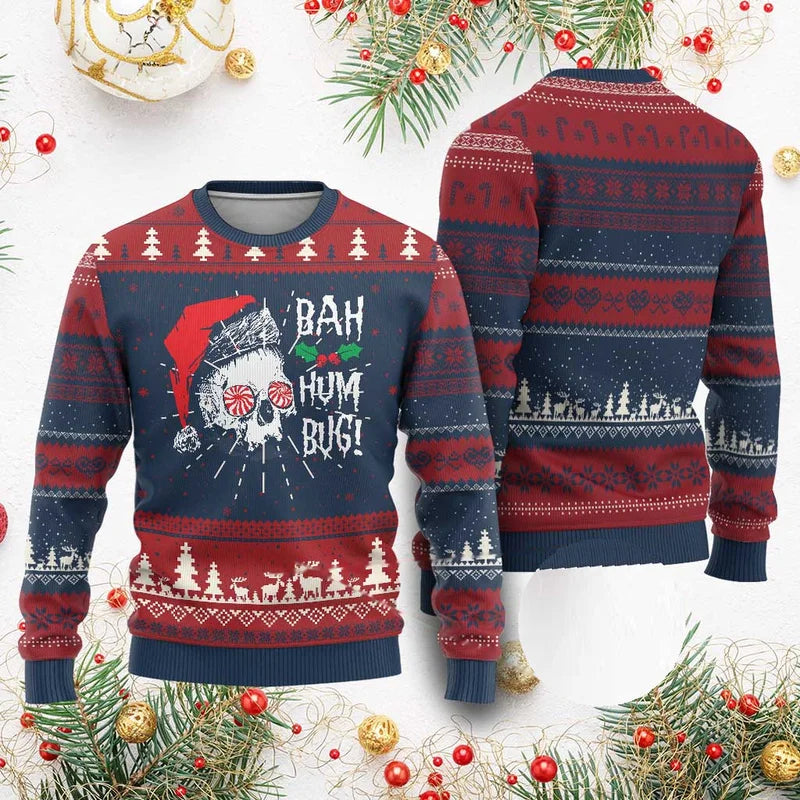 2027 Choose a Darker Holiday Look with an Ugly Christmas Sweater Gothic Skeleton Graphics on Printed Long Sleeve Xmas Sweaters