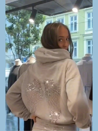 Women's Shinny Sequin Angel Wings Hooded Jacket Pant Long Sleeve Loose Casual Hooded Pullover 2025 New Lady Y2K Autumn Outwears