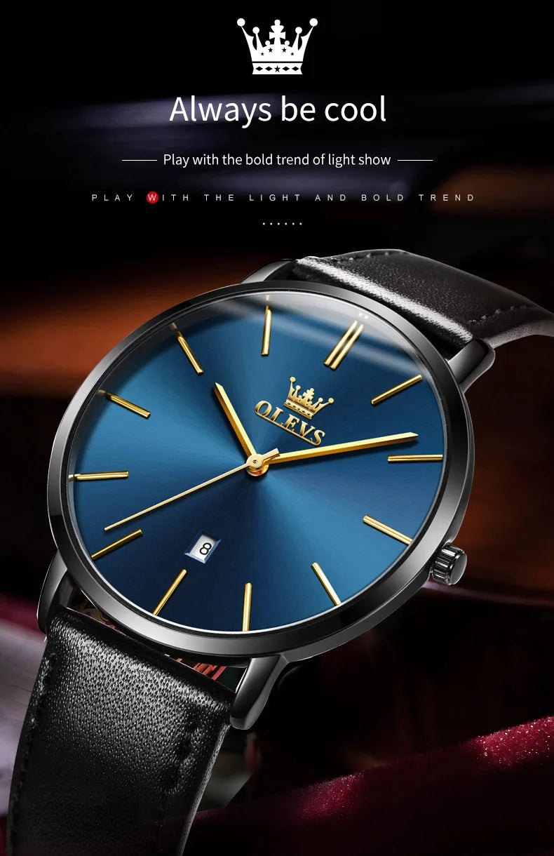 Top Brand OLEVS Ultra Thin 6.5mm Minimalist Fashion Quartz Watch for Men Leather Strap Auto Date Male Waterproof Mens Wristwatch