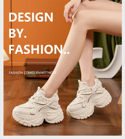 9cm Genuine Leather Chunky Sneakers for Women Fashion Sneakers Walking Shoes Platform Heel Sneakers Women Casual Shoes