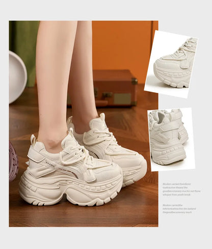 9cm Genuine Leather Chunky Sneakers for Women Fashion Sneakers Walking Shoes Platform Heel Sneakers Women Casual Shoes