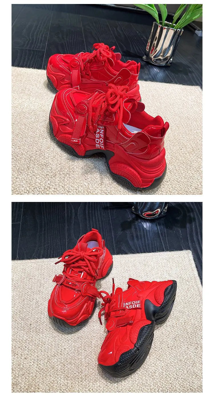 Women Chunky Sneakers Spring New Fashion Lace Up Red Platform Shoes Outdoor Trendy Versatile Casual Sports Shoes Zapatos Mujer